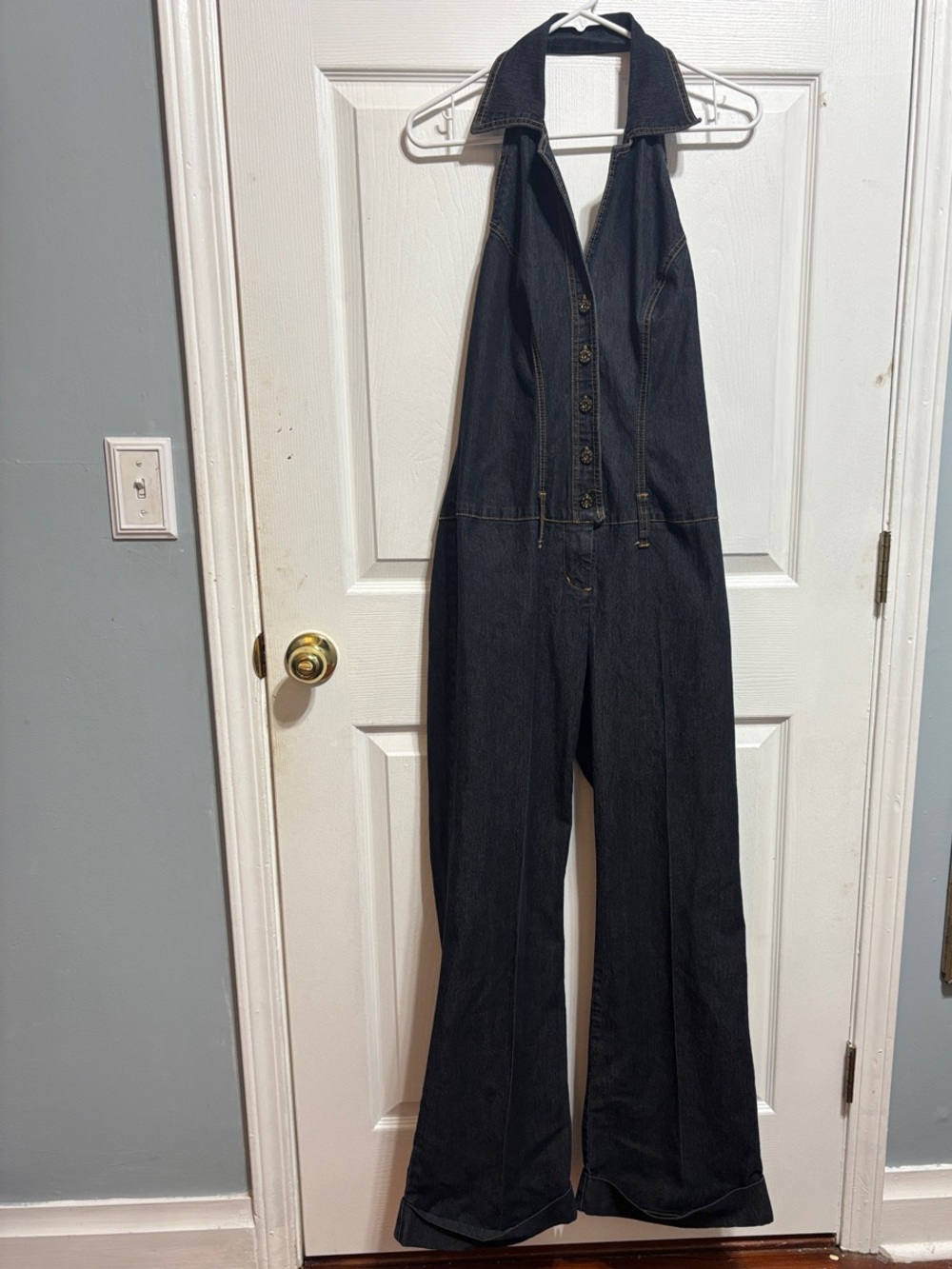 Bisou Bisou Dark Denim Halter Wide-Leg Jumpsuit size medium